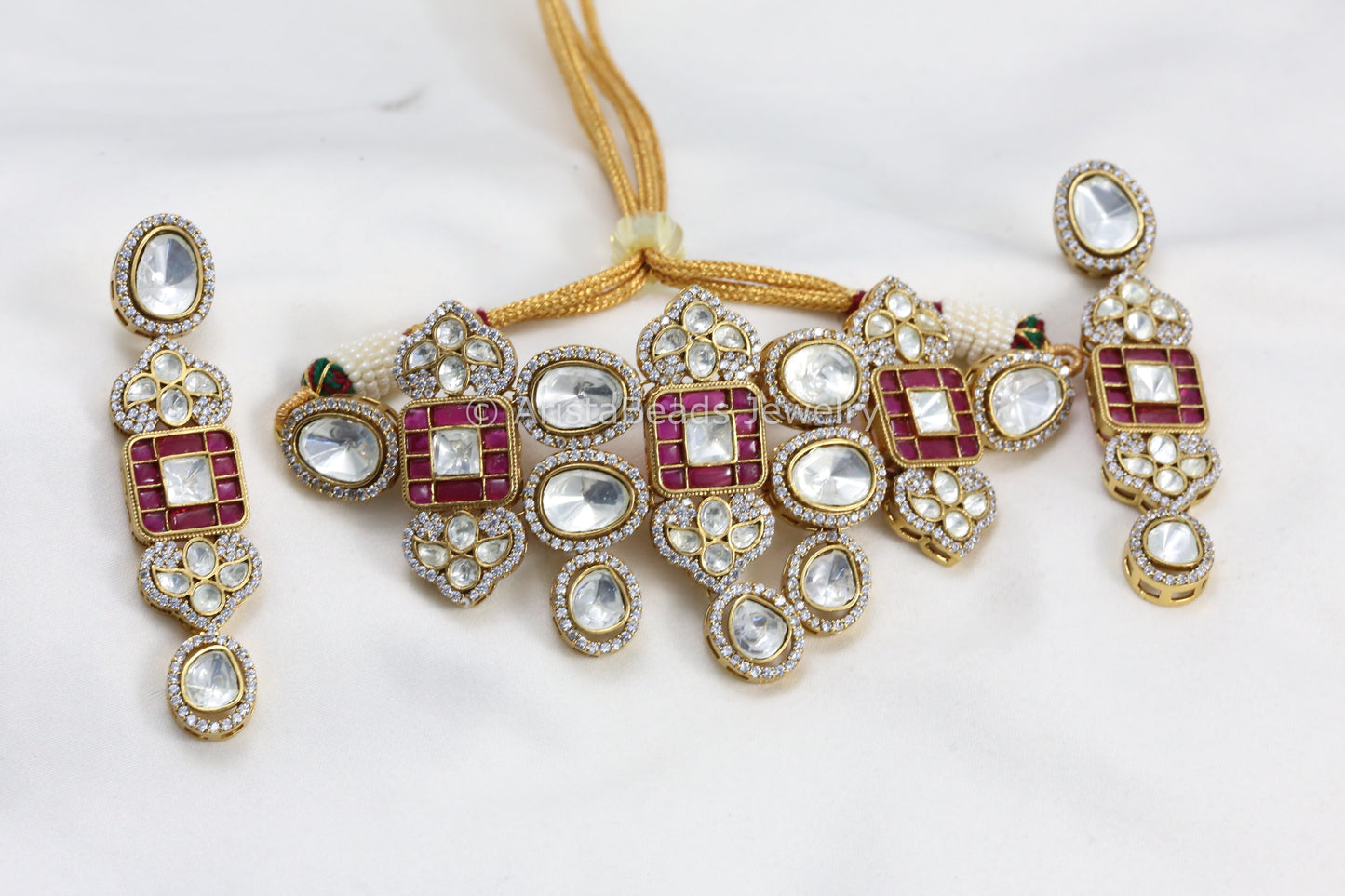 Moissanite Look Kundan Polki & Pota Stone Choker Set - Gold