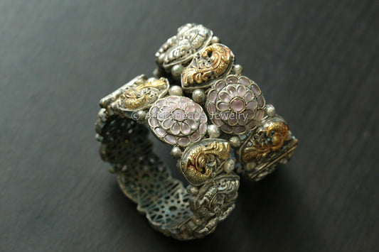 Silver Replica Nakshi Bangle (Openable) - Blush Pink