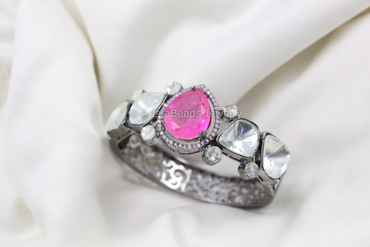 Victorian Uncut Polki & Doublet Bracelet (Openable) - Pink