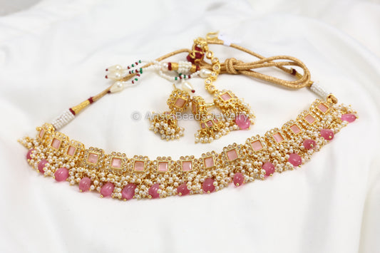 CZ Polki & Pink Monalisa Stones Necklace Set