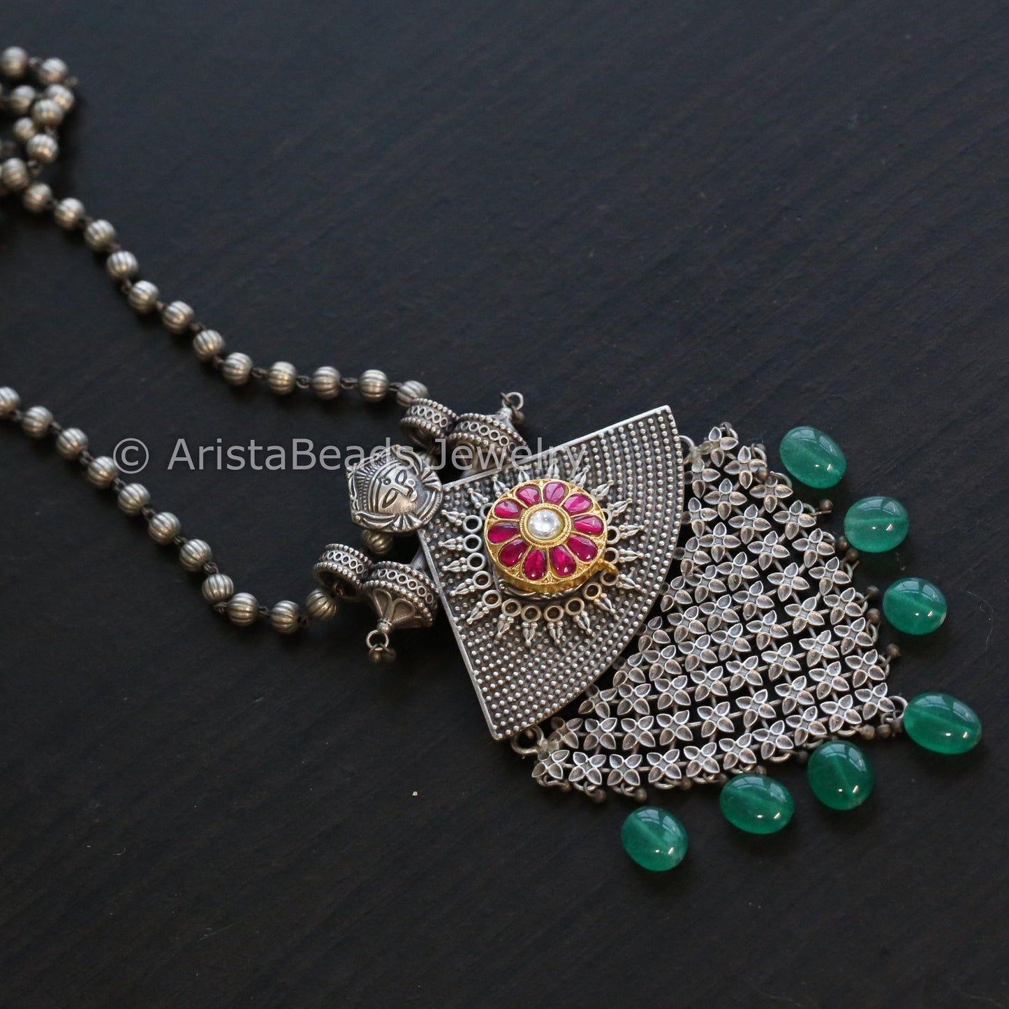 Silver Look Jadau Necklace - Green Drops