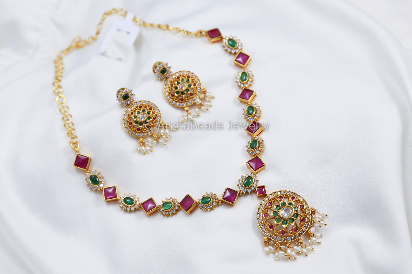 Dainty CZ Pota Stone Necklace Set With Real Pearls - Multi