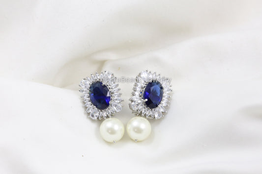 Ink Blue CZ Earring With Pearl Drops