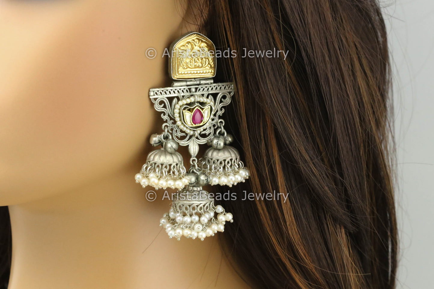 925 Silver Polish Ruby Kundan Jhumka