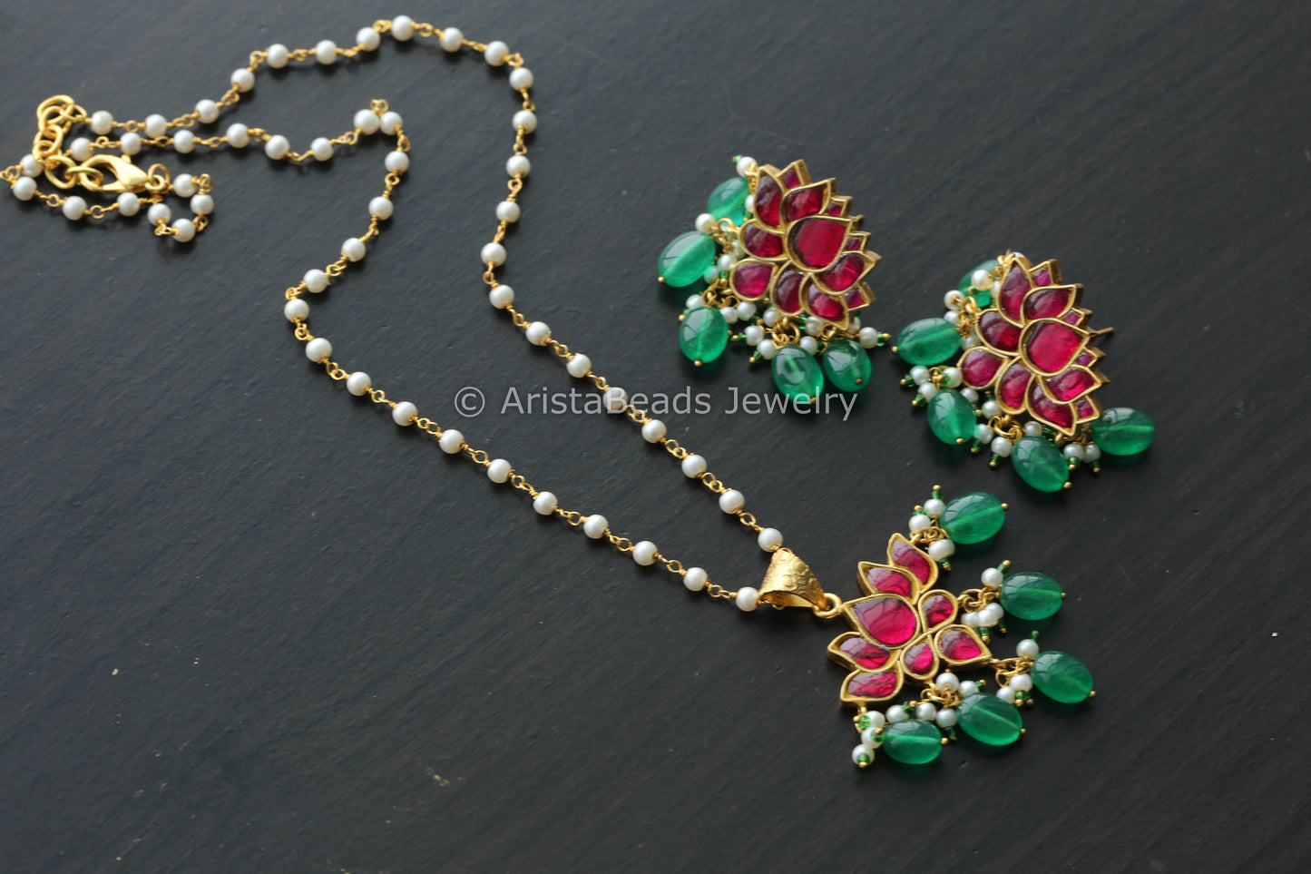 Silver Look Jadau Kundan Lotus Earrings - Ruby