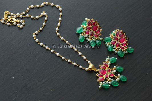 Silver Look Jadau Kundan Lotus Earrings - Ruby