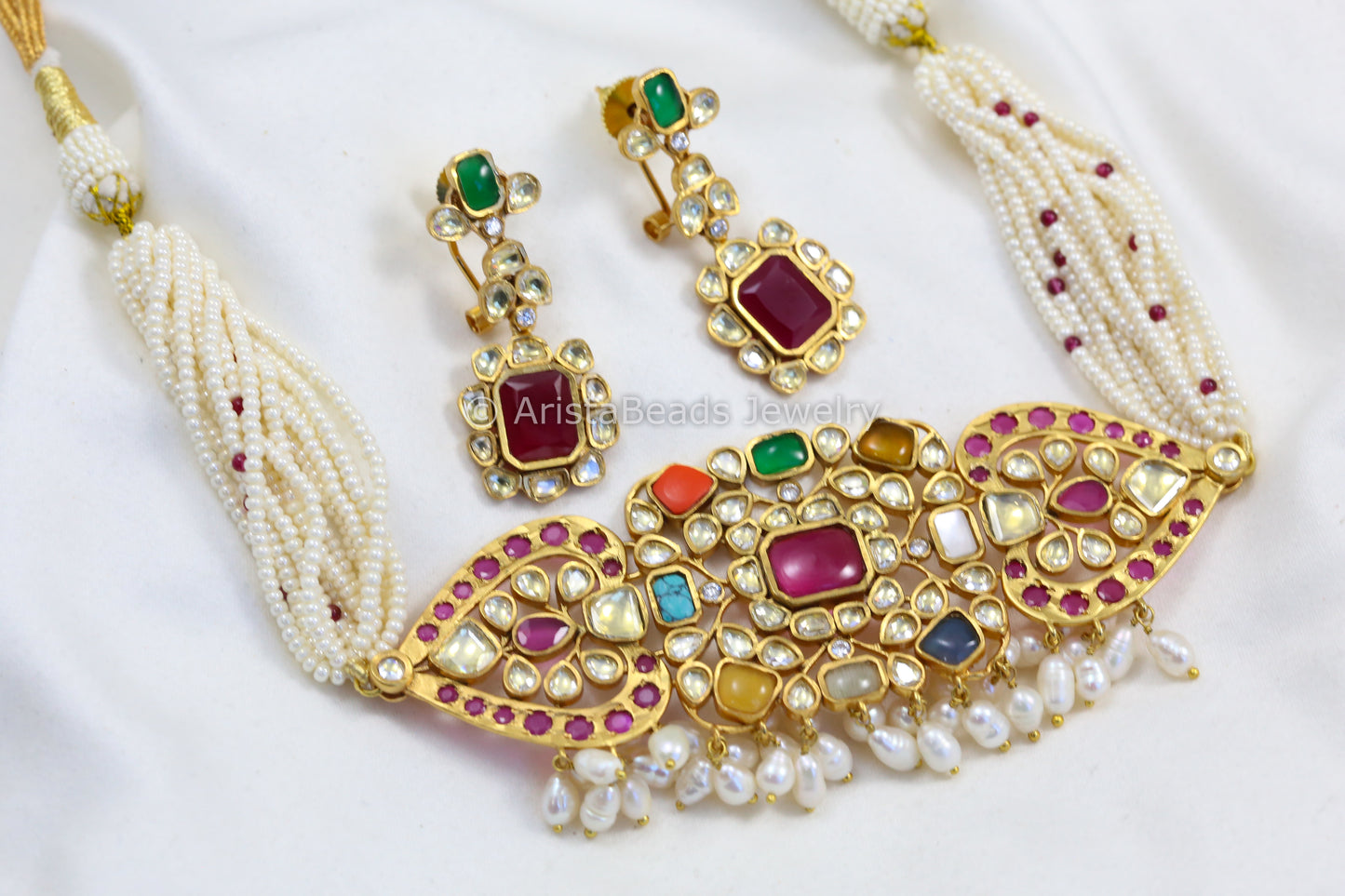 Navratan Pota, Real Pearls, Kundan & Jadau Work Choker Set