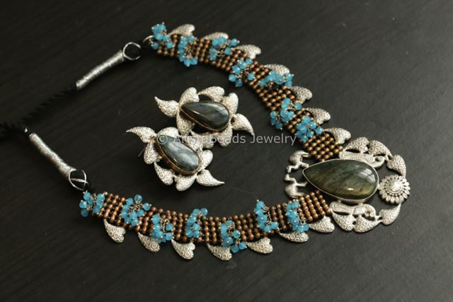 Real Labradorite Stone Silver Replica Set - Blue