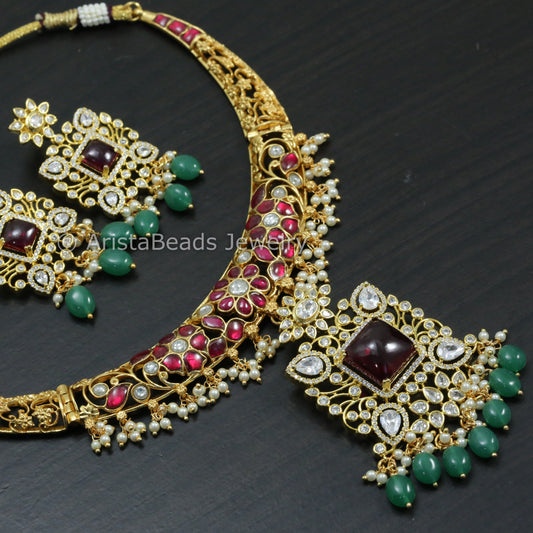 Dainty Jadau Kundan Hasli Set With CZ & Pota Stone - Ruby