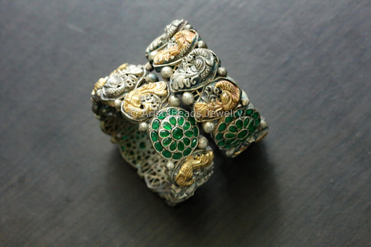 Silver Replica Nakshi Bangle (Openable) - Green