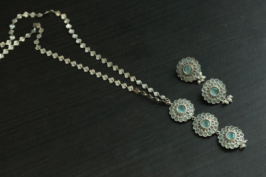 Silver Look Long Necklace Set - Mint