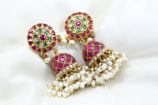 Ruby Jadau Jhumka With Real Pearls