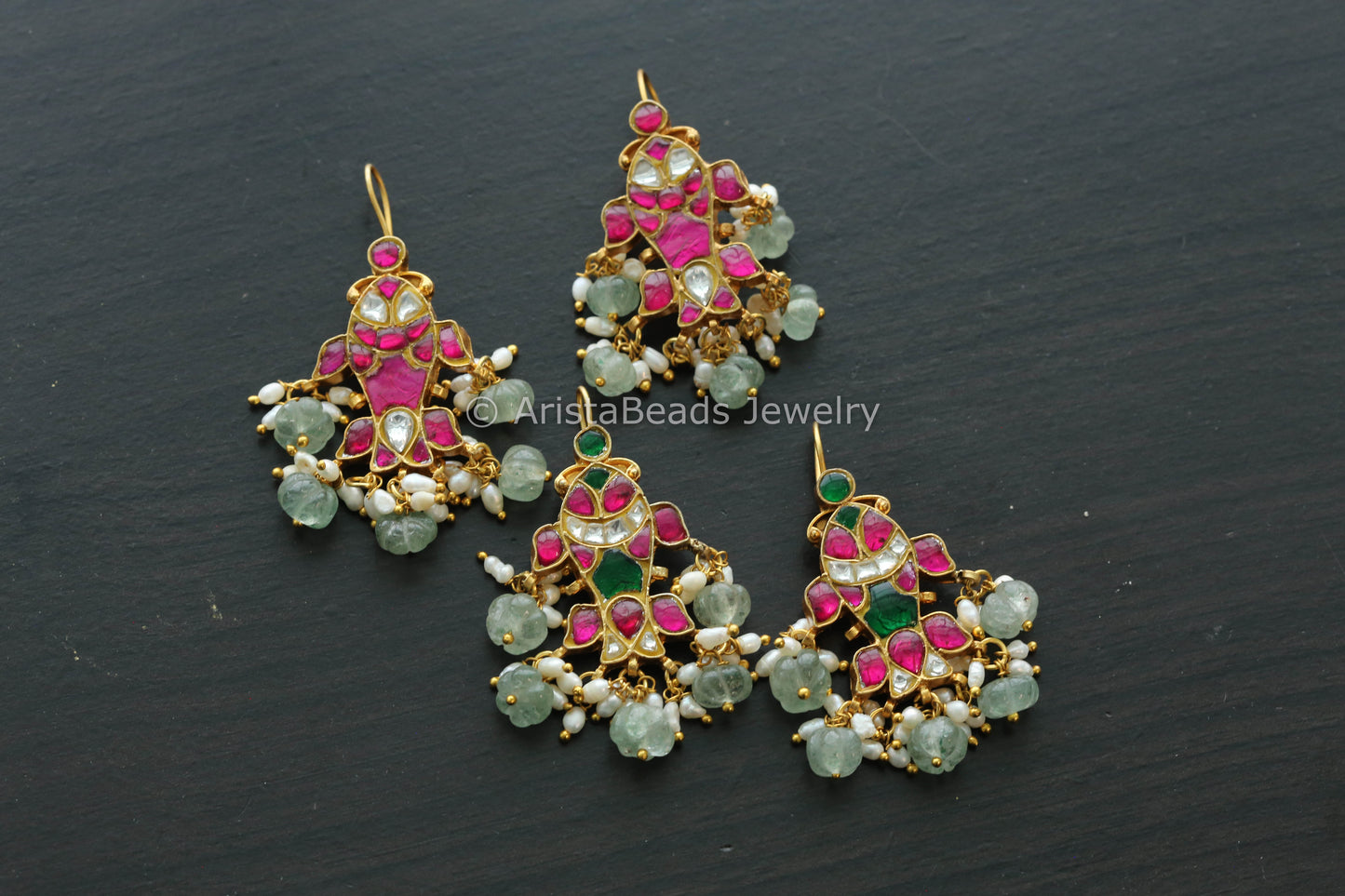 Fluorite & Real Pearls Kundan Fish Earrings - Ruby