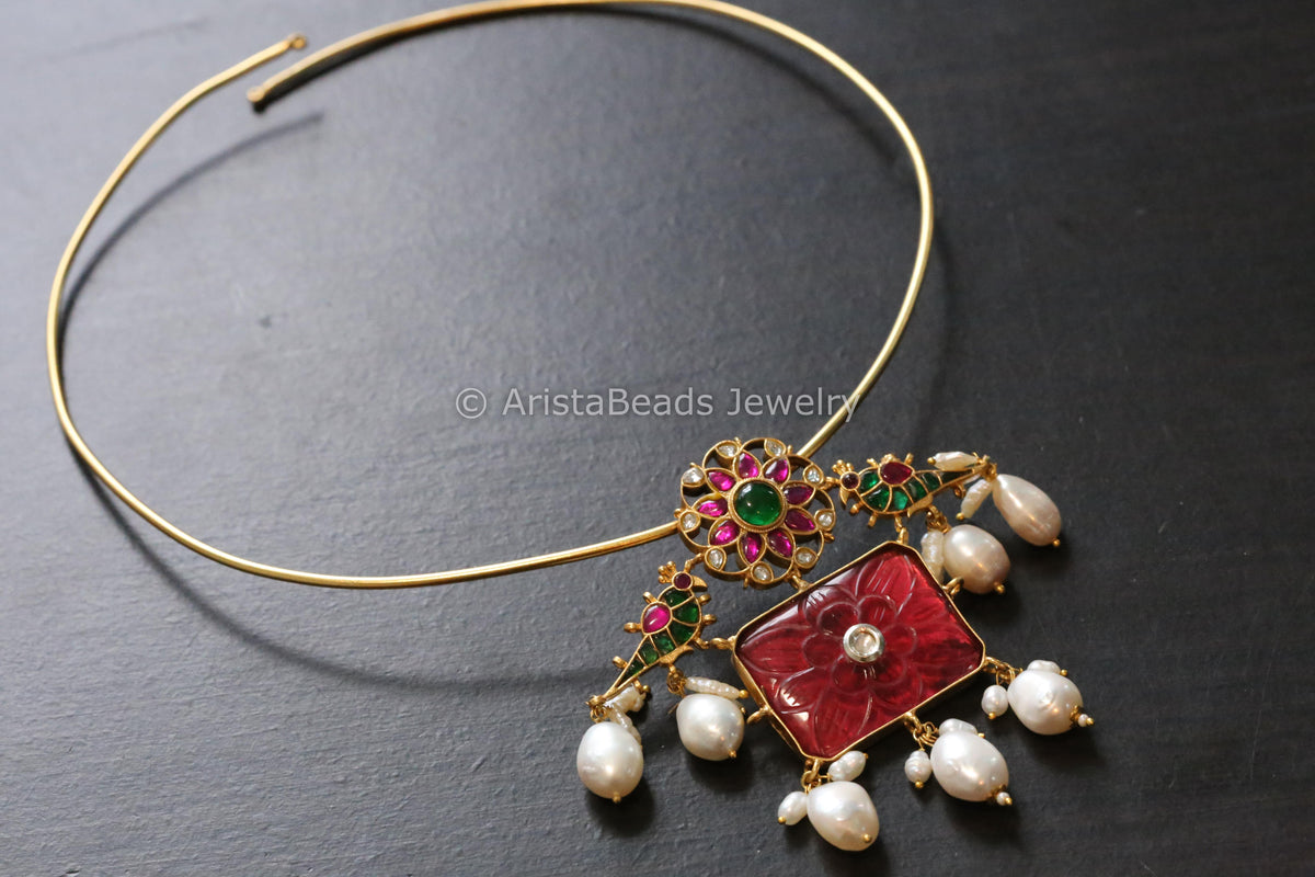 Ruby Carved Cab Stone & Jadau Hasli Necklace (Adjustable)
