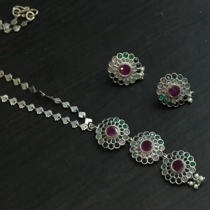 Silver Look Long Necklace Set - Multicolor