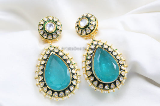 Extra Large Enamel, Uncut Polki & Doublet Stone Earrings - Aqua