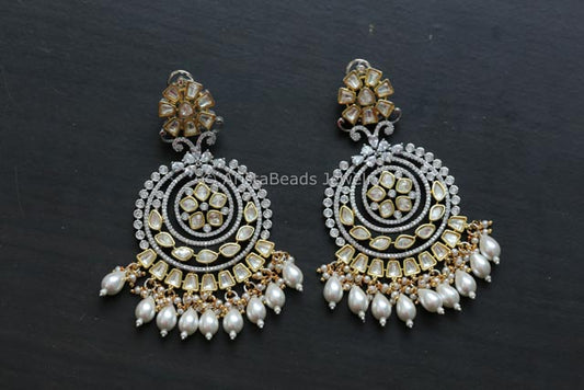 Uncut Kundan Polki Chandbaali - Pearl