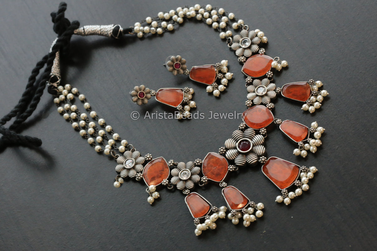 Multistrand Pearl Oxidized Necklace -Orange