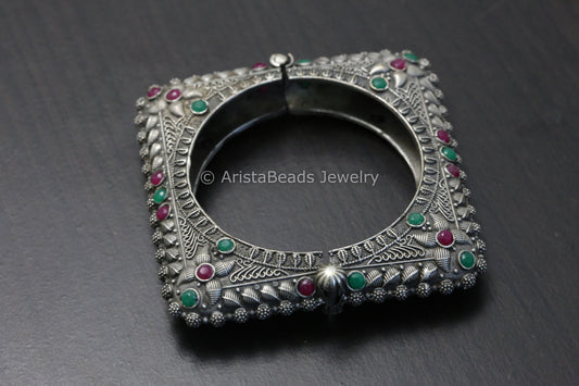 Silver Look Oxidized Square Bangle (Openable) - Multi