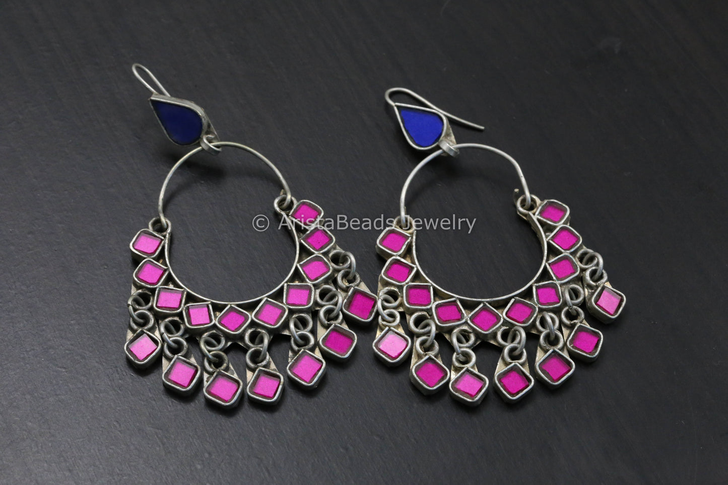 Real Glass Silver Look Alike Chandbaali - Blue Pink