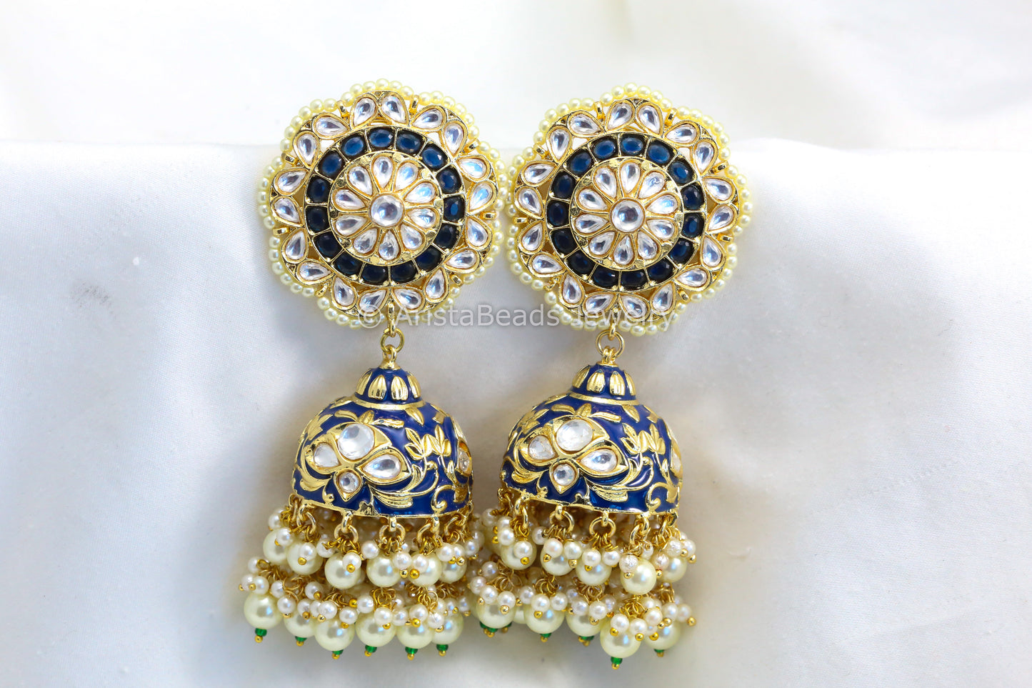Extra Large Uncut Kundan Enamel Jhumka - Blue