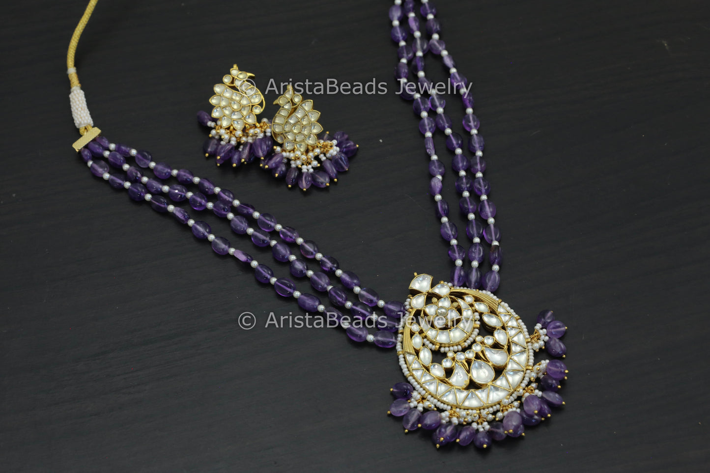 Real Amethyst Pachi Kundan Necklace Set
