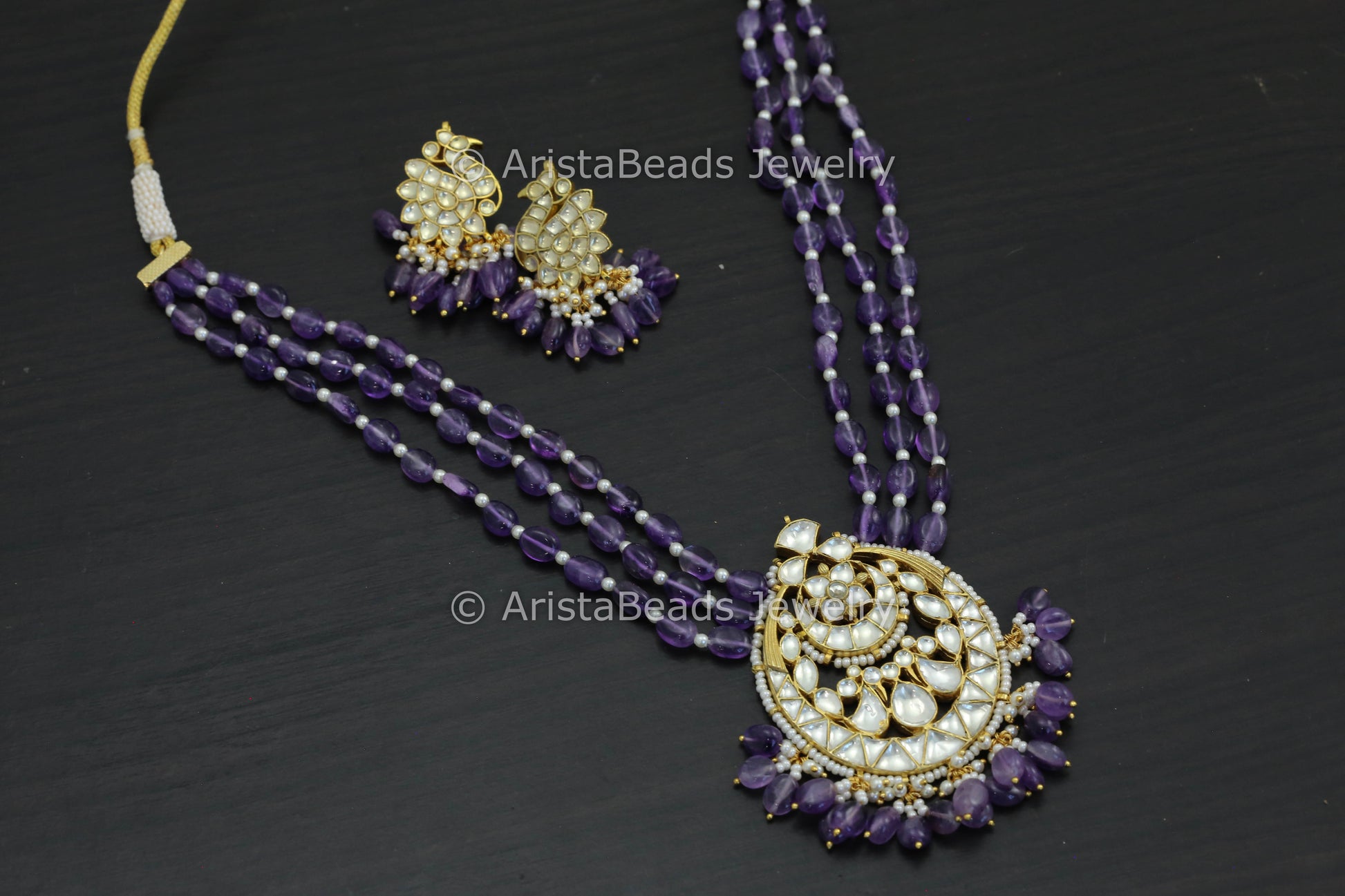Real Amethyst Pachi Kundan Necklace Set