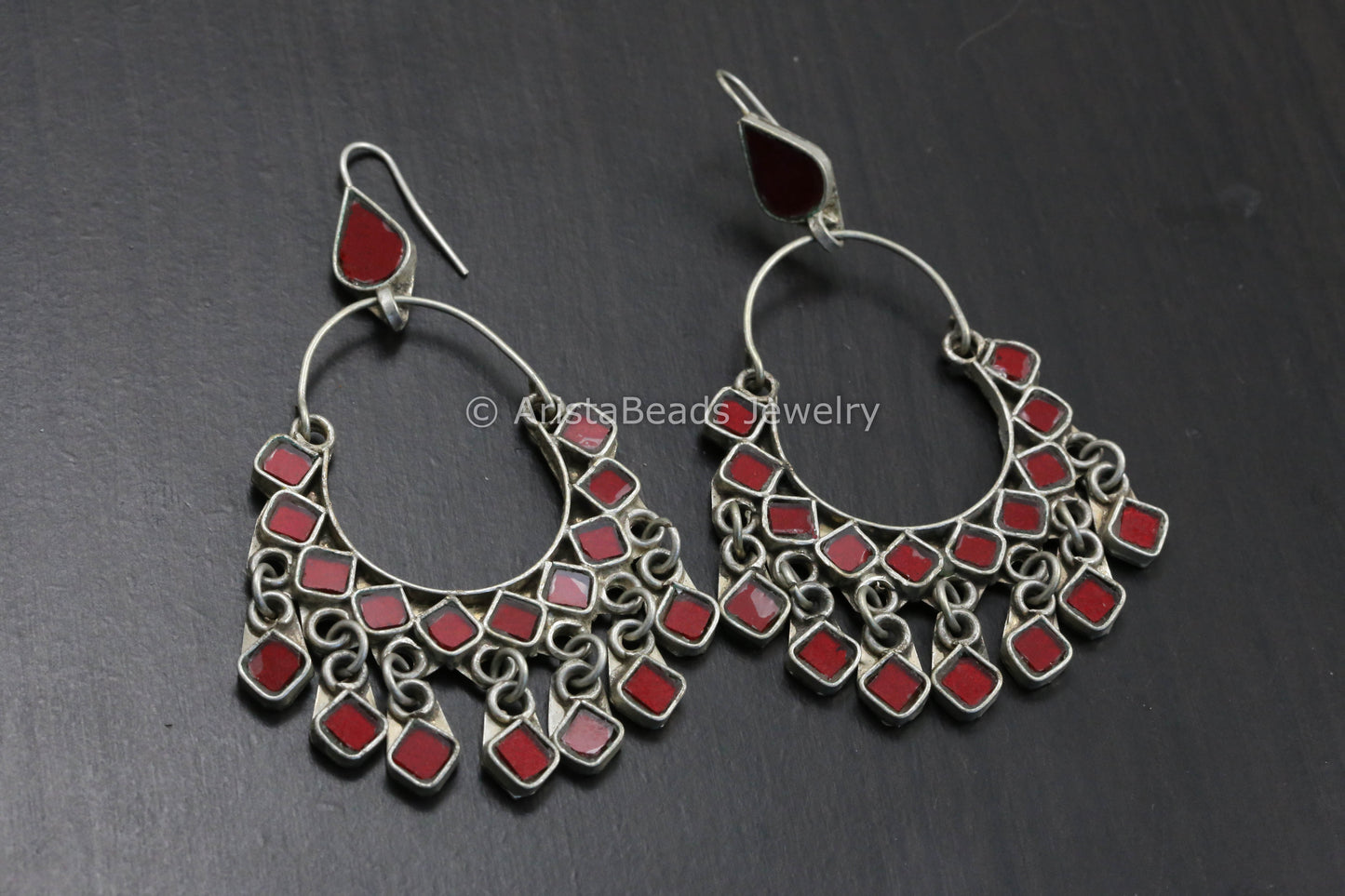 Real Glass Silver Look Alike Chandbaali - Red