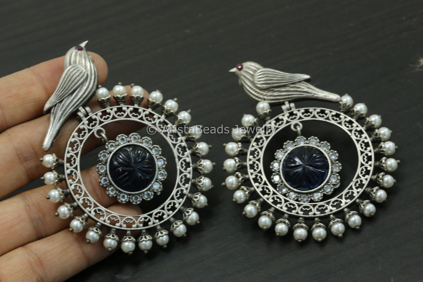 Large Oxidized Chandbaali - Blue