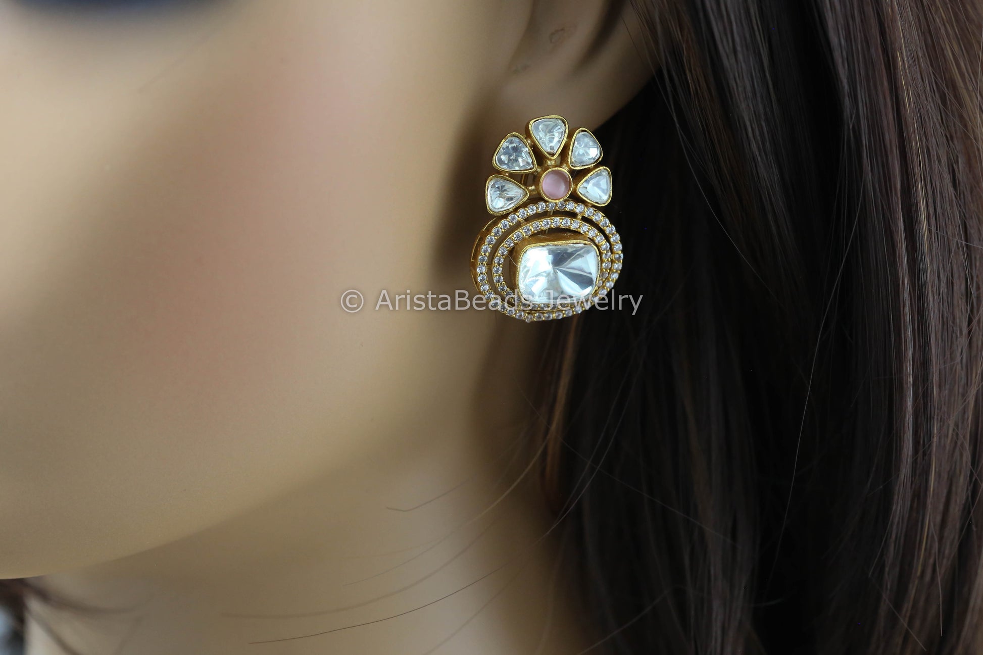 Premium Uncut Polki Flower Stud- Pink