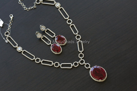 Ruby Doublet & CZ Necklace Set