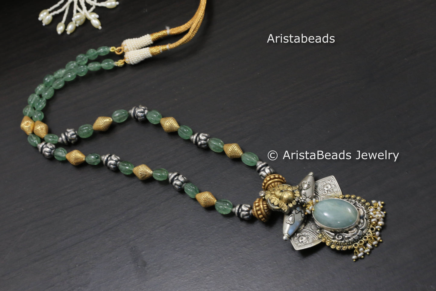 One Of A Kind 925 Sterling Silver Necklace - Larimar & Carved Quartz