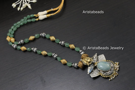 One Of A Kind 925 Sterling Silver Necklace - Larimar & Carved Quartz