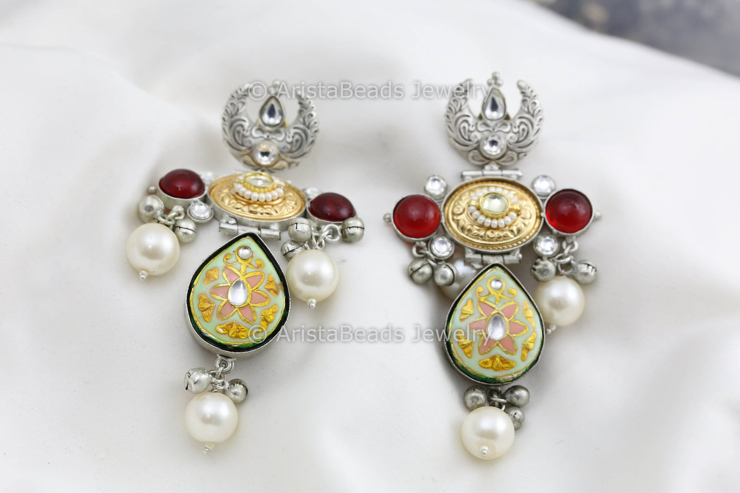 Silver Polish Enamel Kundan Earrings - Mint
