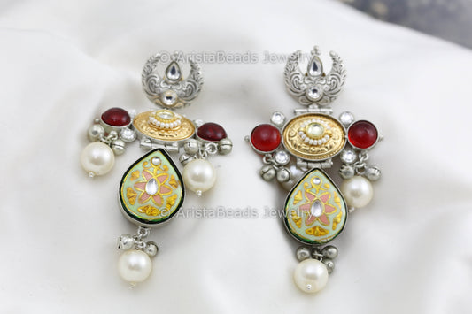Silver Polish Enamel Kundan Earrings - Mint