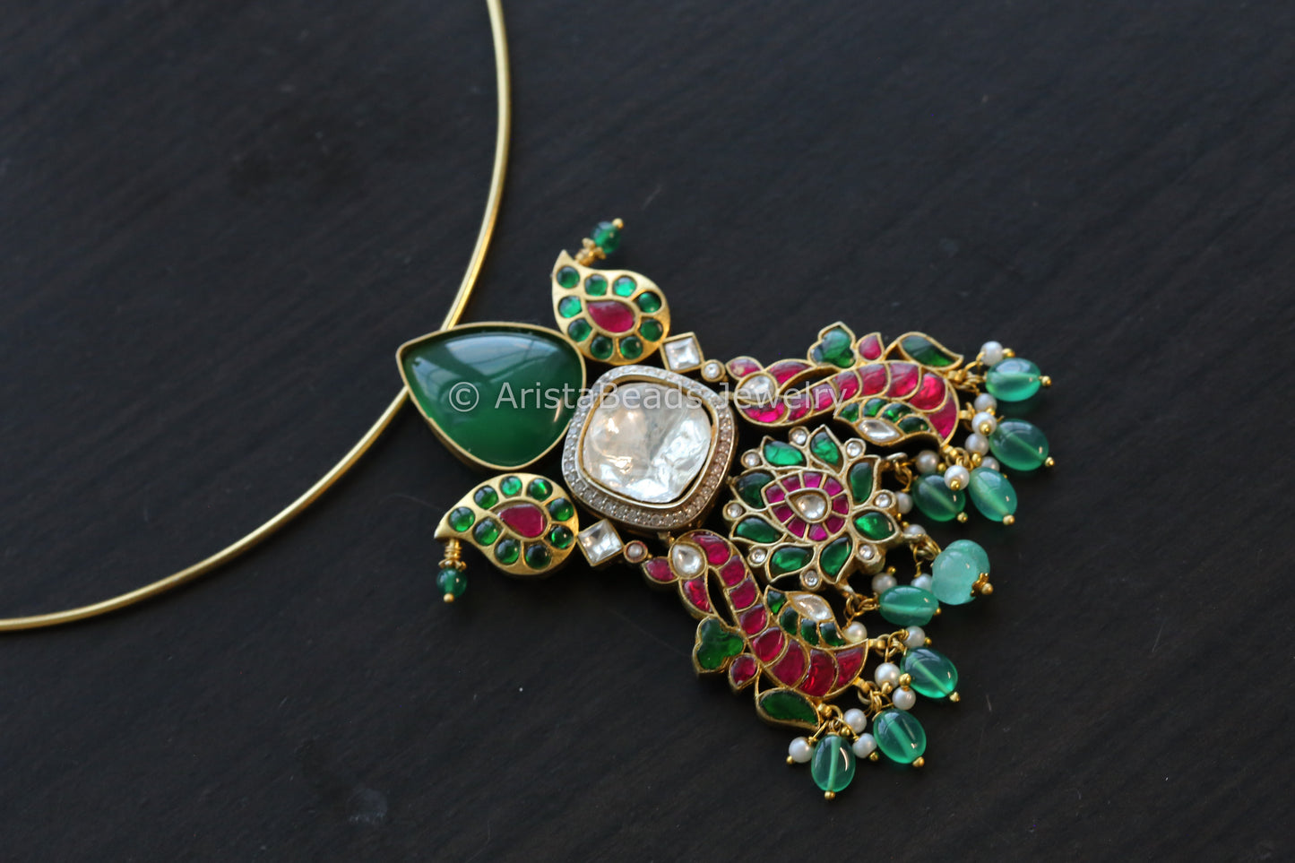 Silver Replica Green Onyx Jadau Hasli Necklace