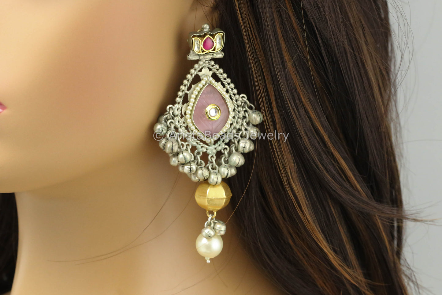 Pink Carved Stone Silver Replica Earrings
