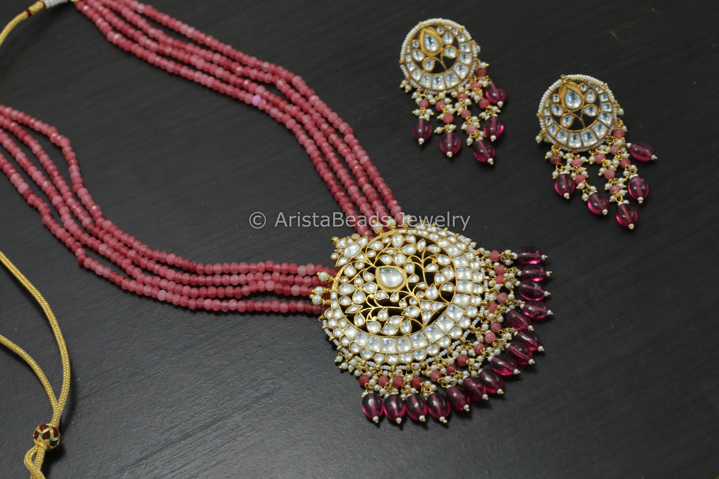 Large Clear Pachi Kundan Necklace Set In Onxy Beads