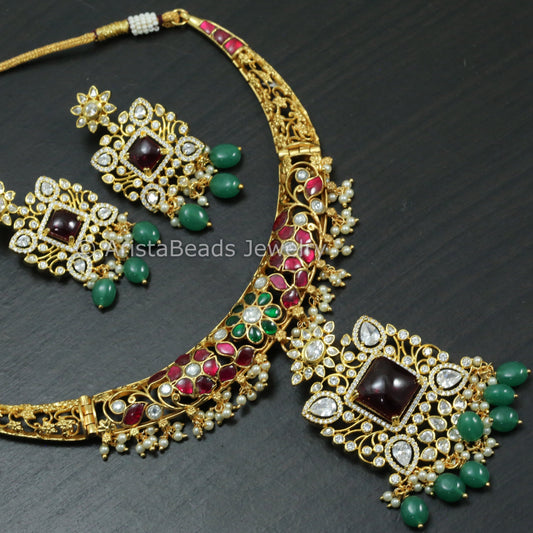 Dainty Jadau Kundan Hasli Set With CZ & Pota Stone - Multi