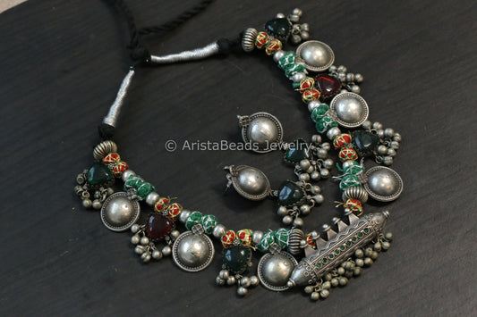 Amrapali Silver Look Alike  Tabeez Necklace Set  -Red Green