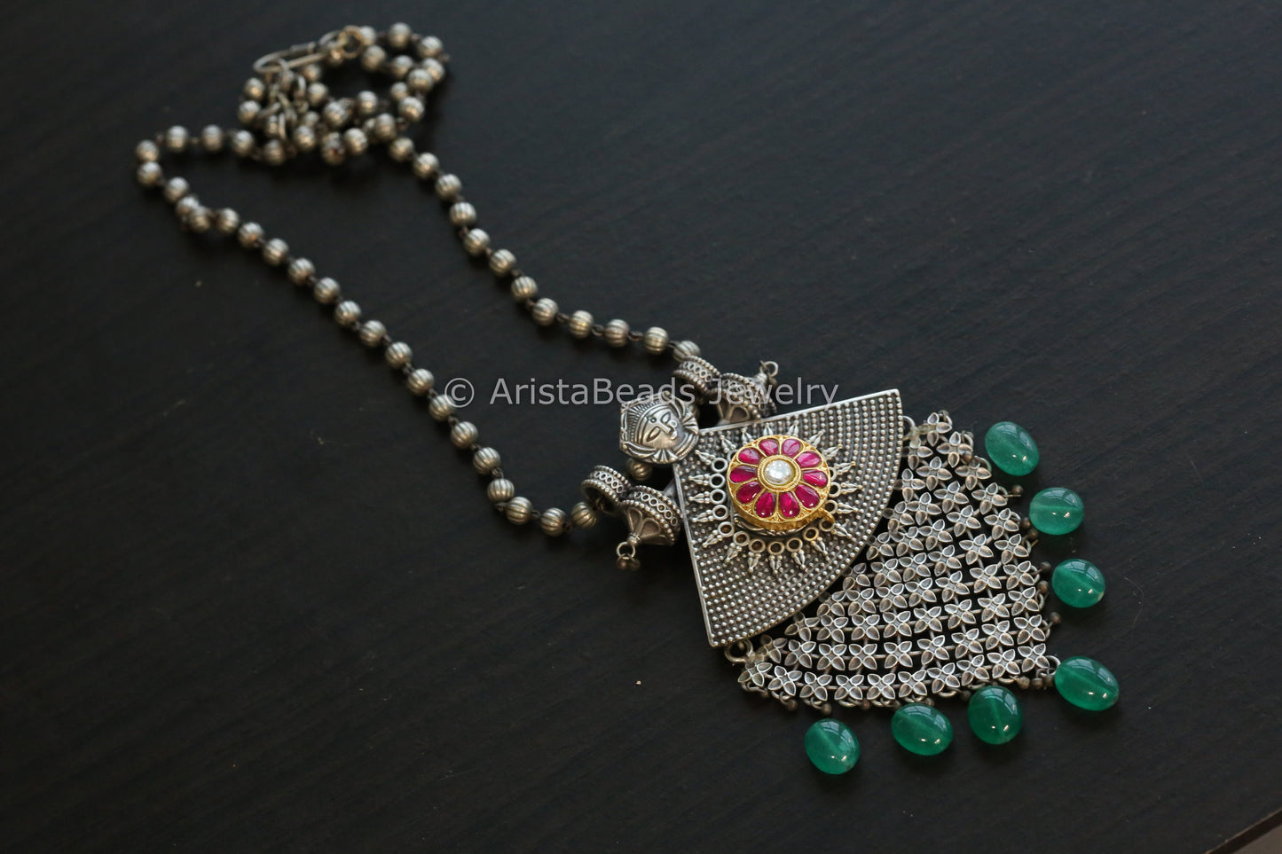 Silver Look Jadau Necklace - Green Drops