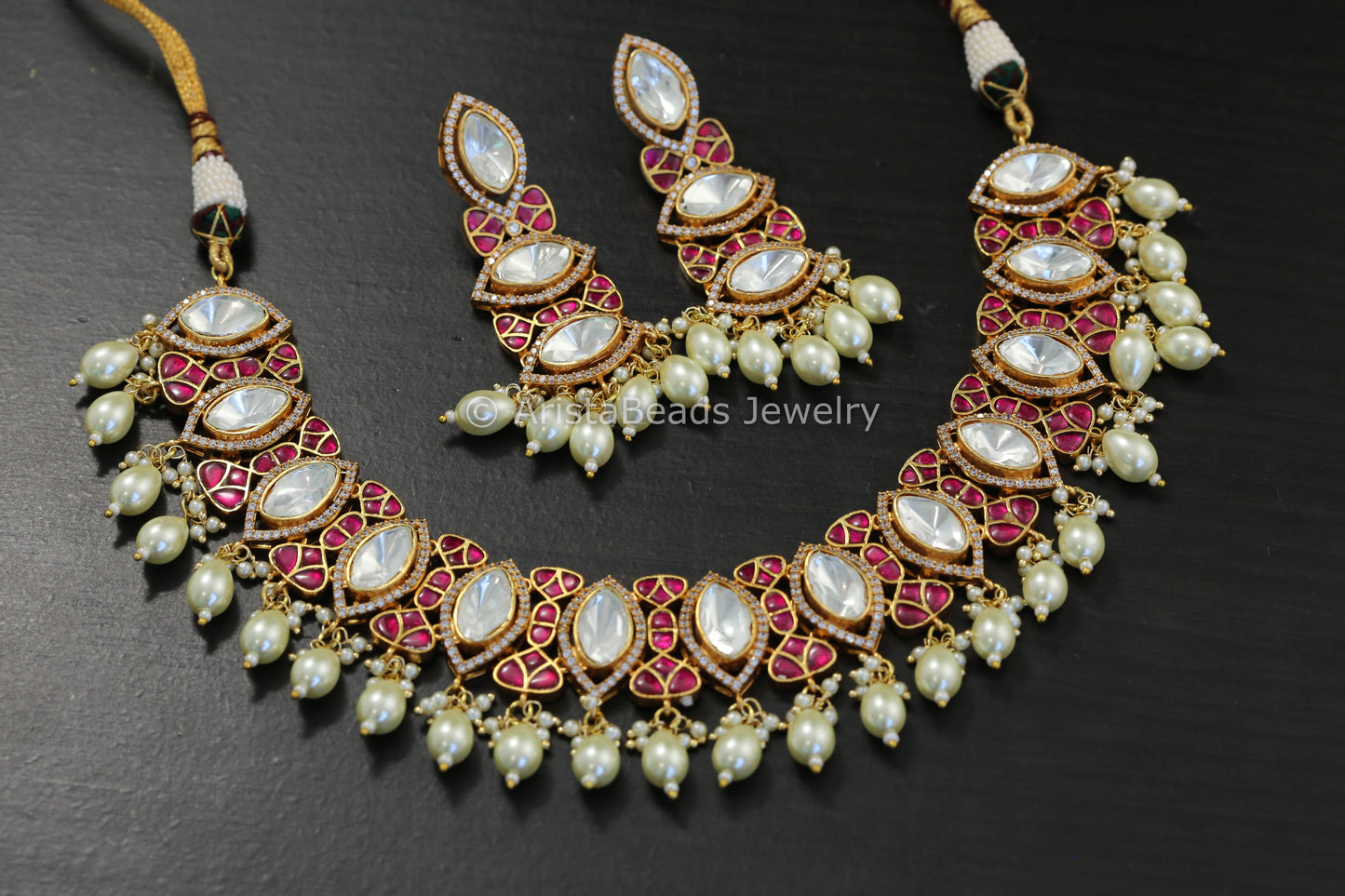 Premium Jadau Ruby & Moissanite Polki Necklace Set
