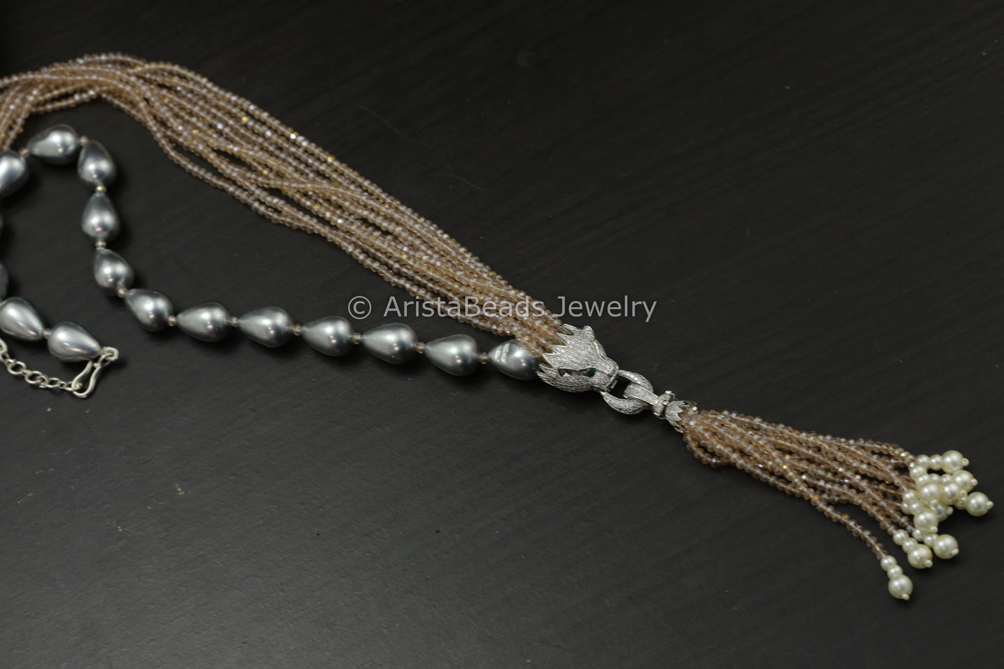 Micro Pave Tassel Pendant In Pearls & Crystal Beads- Neutral Beige