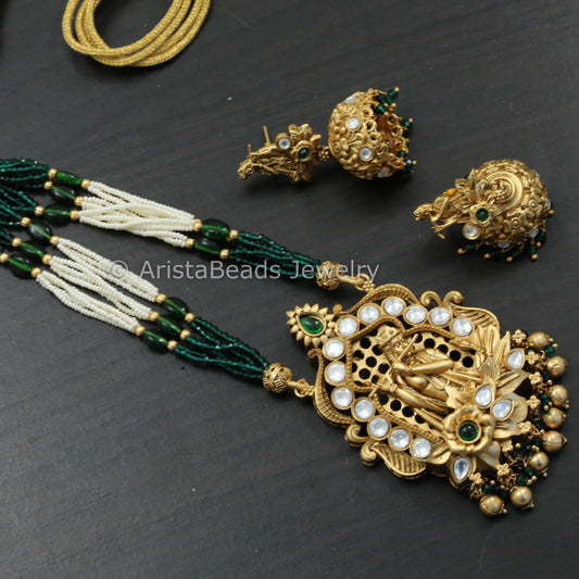 Shri Krishna Kundan Polki Necklace Set - Green