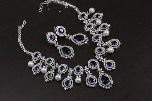 Sapphire Blue CZ & Pearl Necklace Set