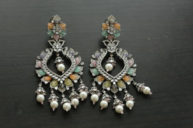 Large Contemporary CZ Silver Finish Earrings