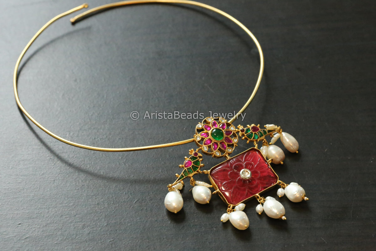 Ruby Carved Cab Stone & Jadau Hasli Necklace (Adjustable)