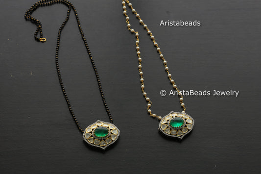 Dainty Green Doublet Moissanite Polki Beaded Necklace