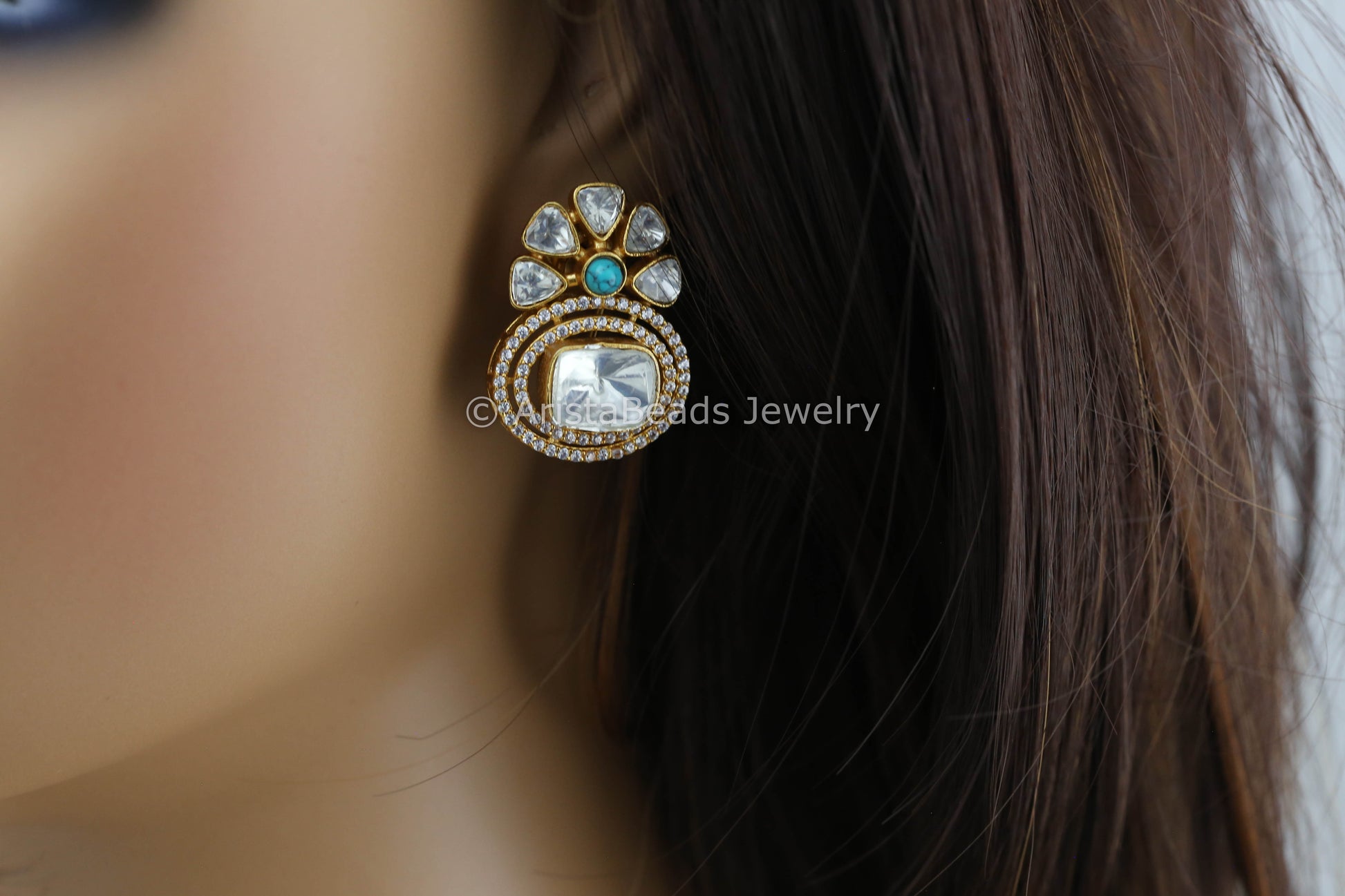 Premium Uncut Polki Flower Stud- Turquoise