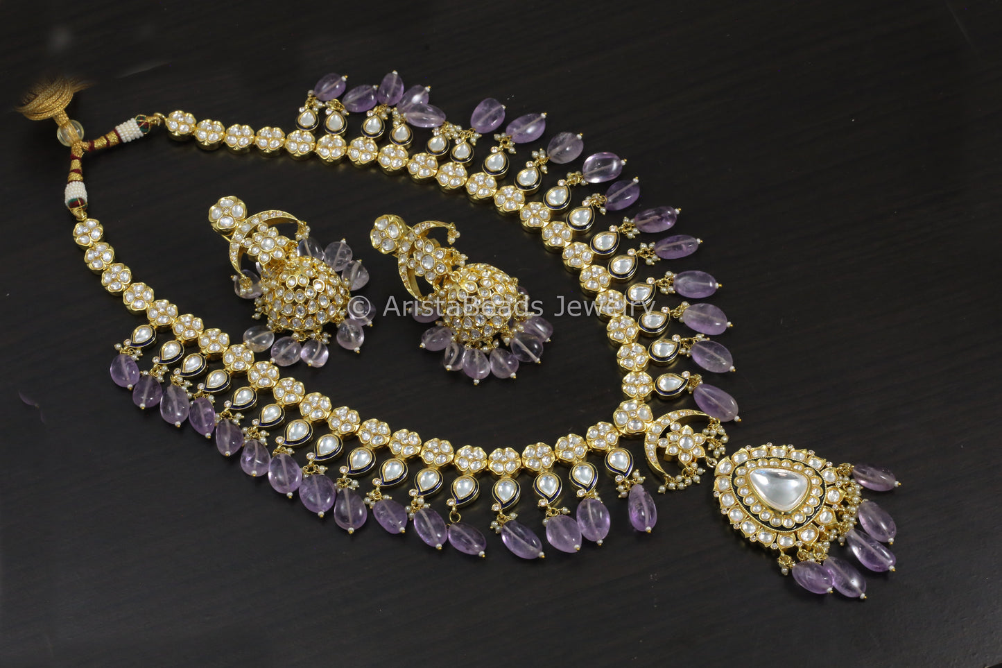Long Uncut Kundan Necklace Jhumka Set - Amethyst Drops